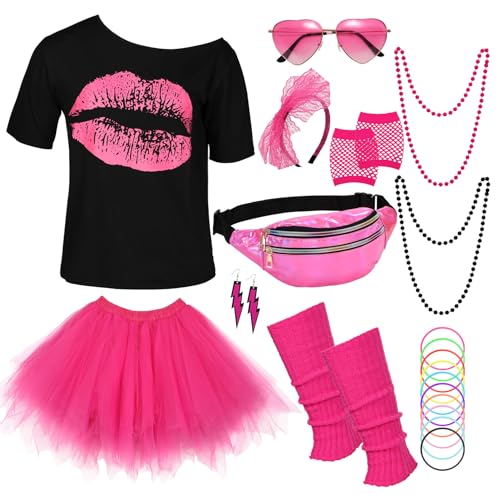 WERFORU 80er Jahre Outfit Damen Set Karneval Damen Set,T-Shirt,Tüll Rock,Herz Sonnenbrille,Stirnband, Netzhandschuhe,Halskette,Bauchtasche,Ohrringe,Beinwärmer,Silikonarmband von WERFORU