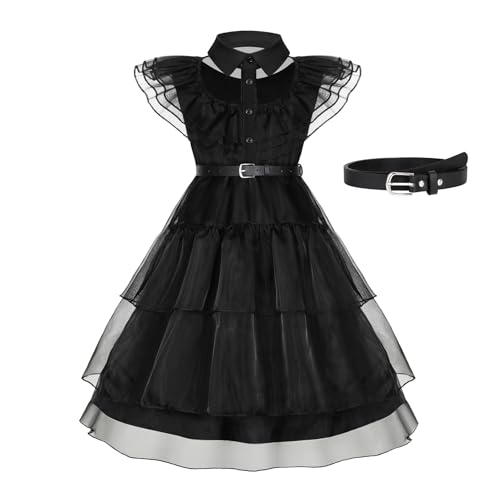 WERFORU Wednesday kostüm für Mädchen 4-13 Jahre Wednesd Adam Kostüm Damen Schwarz Gothic Kleid für Halloween, Karneval und Cosplay von WERFORU