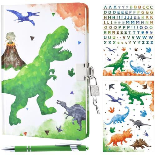 Aquarell Dinosaurier Tagebuch Set - Leuchtendes Notizbuch Geschenk für Jungen Kinder Reisen Journale Schule Hefte A5 Memos Schreiben Notizblock Kugelschreiber Aufkleber mit Schloss und Schlüsseln von WERNNSAI