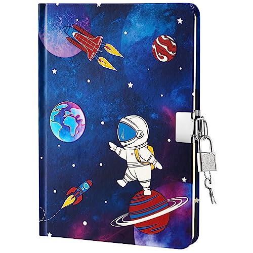 WERNNSAI Astronaut Tagebuch Jungs - Leuchtendes Notizbuch Geschenk für Kinder Reisen Private Journale Schule Hefte A5 Liniert Memos Schreiben Zeichnen Notizblock mit Schloss und Schlüsseln von WERNNSAI