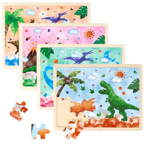 WERNNSAI Dinosaurier Holzpuzzles – Pädagogische Denksportaufgaben für Vorschulkinder 4 Packungen mit 24 Dino Puzzleteilen Spielzeug Dinosaurier Puzzles Spielzeuggeschenk für Jungen Mädchen von WERNNSAI