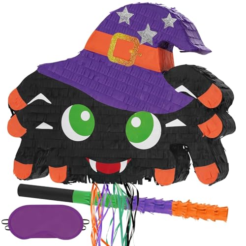 WERNNSAI Halloween Spinnen Piñata – Gruselige mit Zugschnur Spinnen Piñata mit Augenbinde und Schlagstock für Kinder Halloween Süßigkeiten Spielzubehör Fiesta Feier Halloween Party Dekoration von WERNNSAI