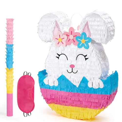 Hasen Pinata für Kinder – Oster Pinata Oster Piñata Frühlings Pinata Hasen Piñata mit Augenbinde und Stab Geburtstagsparty Babyparty Schulaktivitäten Spiel Osterdekoration Frühlingsparty Spiel von WERNNSAI