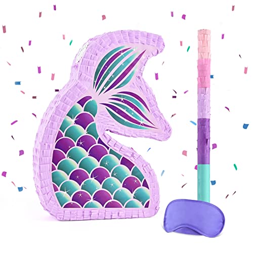 WERNNSAI Meerjungfrau Pinata – Meerjungfrau Party Supplies Pinata Bundle mit Augenbinde und Fledermaus Kinder Ozean Thema Geburtstag Party Spiel Karneval Aktivität Dekorationen (40 x 31 x 8 cm) von WERNNSAI