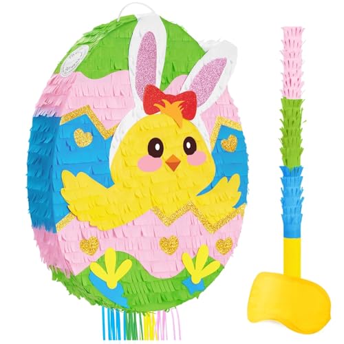 WERNNSAI Oster Hühnchen Piñata – Osterei Piñata mit Augenbinde und Stock Küken Häschen Oster Piñata für Kinder Osterparty Dekoration Zubehör für Geburtstagsdekoration Schul Frühlingsparty Spiel von WERNNSAI