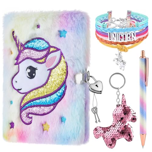 Plüsch Einhorn Notizbuch Set - Notizblöcke für Mädchen Private Tagebücher Stickerei Schule Reise Notizblock Gel Stift Schlüsselringe Armbänder Schlösser Schlüssel Weihnachts Geburtstag Geschenk von WERNNSAI