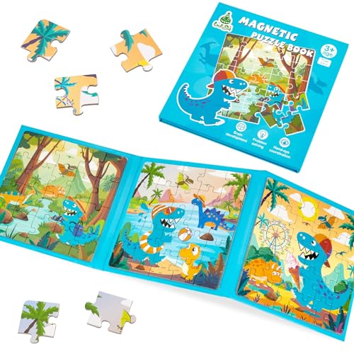 WERNNSAI Dinosaurier Kinderpuzzle für 3–5 Jahren, 75 Teile magnetische Puzzle für Kleinkinder von 3–8 Jahren Auto Flugzeug Roadtrip Aktivitäten 3-in-1 Magnetspiel Reisespiele für Jungen von WERNNSAI