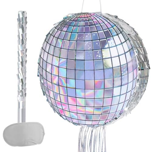 WERNNSAI Disco Party Pinata - Silber Discokugel Pinata mit Augenbinde und Stab Hip Hop 80er 90er Jahre Retro Tanz Disco Party Dekoration Supplies für Geburtstag Hochzeit Neujahr Dekorationen von WERNNSAI