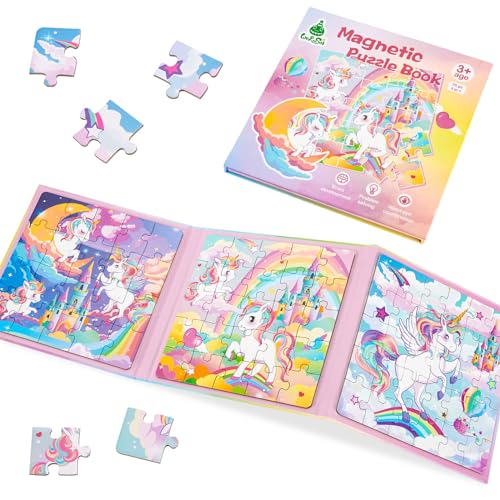 WERNNSAI Kinderpuzzle für 3–5 Jahren, 75 Teile magnetische Puzzle für Kleinkinder von 3–8 Jahren Auto Flugzeug Roadtrip Aktivitäten 3-in-1 Magnetspiel Reisespiele für Mädchen (Einhorn) von WERNNSAI