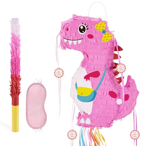 WERNNSAI Faltbare Dinosaurier Piñata – Dinosaurier Geburtstagsparty Zubehör mit Zugschnur ausziehbare Piñata mit Augenbinde Schläger und Quasten rosa Dinosaurier Piñatas Dinosaur Pinata von WERNNSAI