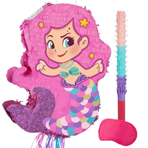 WERNNSAI Faltbare Meerjungfrau Piñata – Meerjungfrau Geburtstagsparty Zubehör mit Zugschnur ausziehbare Meerjungfrau mit Augenbinde Schlagstock und Quasten Party Dekoration Mermaid Girl Pinata von WERNNSAI