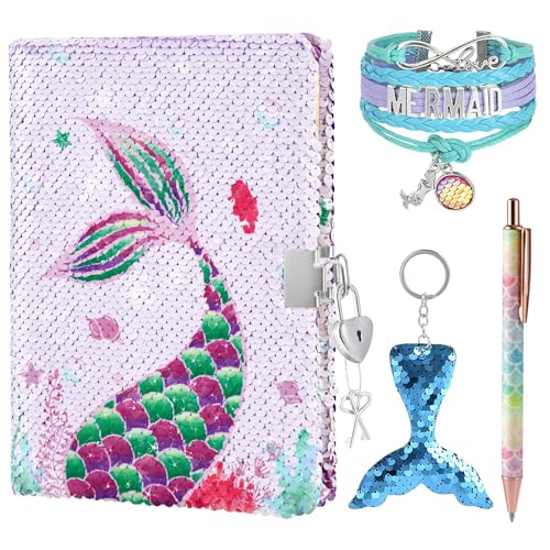 Mermaid Tagebuch für Mädchen - Pailletten Journal Kit A5 Notizubuch Armband Schlüsselanhänger Stift Tagebuch mit Schloss Geburtstag Weihnachten Geschenke für Mädchen 6-12 Mermaid Tagebuch für Mädchen - Pailletten Journal Kit A5 Notizubuch Armband Schlüsselanhänger Stift Tagebuch mit Schloss Geburtstag Weihnachten Geschenke für Mädchen 6-12 von WERNNSAI