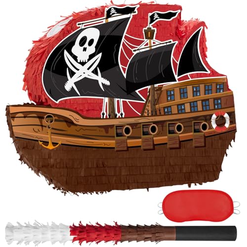 WERNNSAI Piraten Piñata – Piratenschiff Piñata mit Augenbinde und Schlagstock für Jungen und Kinder karibische Piraten Partygeschenke für Geburtstage Dekorationen Familienspiele Piratenpartyzubehör von WERNNSAI