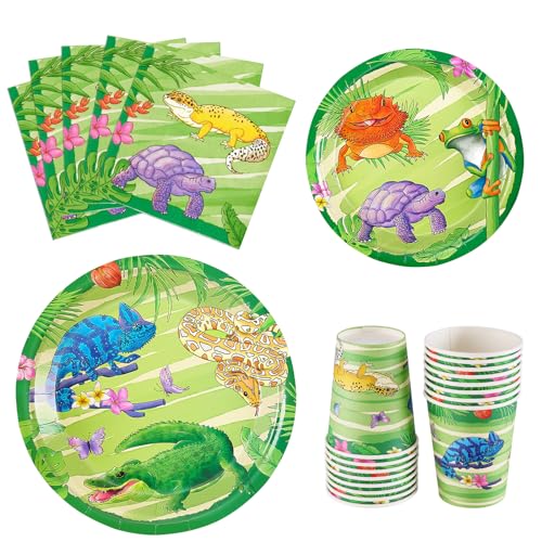 WERNNSAI Reptilien Party Zubehör Set-64 Stück Reptil Geburtstag Party Dekorationen für Kinder Jungen Schlangen Alligator Geschirr Set für Dschungel Themenparty Teller Pappbecher Servietten für 16Gäste von WERNNSAI