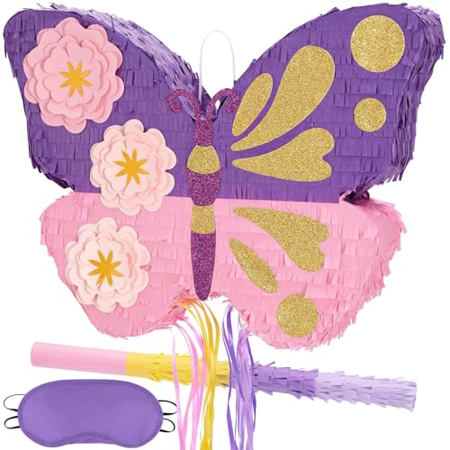 WERNNSAI Schmetterlings Piñata – Geburtstagsparty Zubehör Piñata mit Stock und Augenbinde für Mädchen Kinder Piñata mit Zugschnur Familienspiele Klassenzimmer Geburtstagsparty Dekoration von WERNNSAI