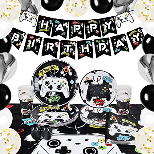 WERNNSAI Videospiel Party Zubehör - Spiel Party Dekoration für Jungen Geburtstag Banner Teller Servietten Tischdecke Geschirr Set Dient 16 Gäste 89 PCS von WERNNSAI