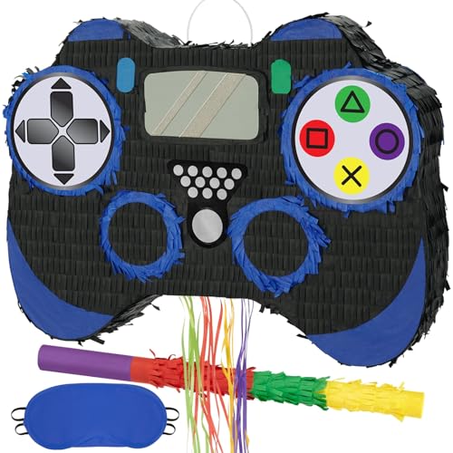 WERNNSAI Videospiel Piñata – Gamecontroller Piñata Paket mit Augenbinde und Schlagstock für Jungen Kinder Piñata Gaming Mottoparty Dekorationszubehör Zugschnur Piñata für Geburtstagsparty Feier Blau von WERNNSAI