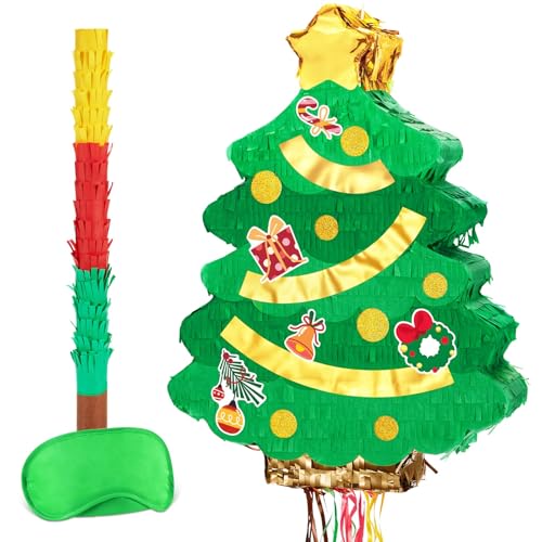 WERNNSAI Weihnachtsbaum-Piñata – Weihnachts-Piñata mit Zugschnur für Kinder, Weihnachtspiñata mit Augenbinde und Fledermaus für Weihnachten, Geburtstag, Partyzubehör, Weihnachtsspiele, von WERNNSAI