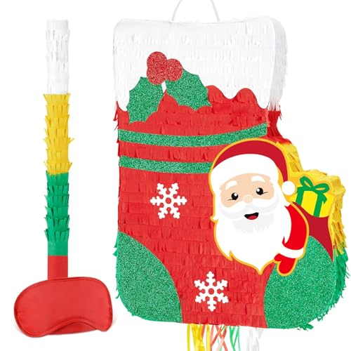 WERNNSAI Weihnachtsstrumpf-Piñata – Weihnachtsstrumpf mit Zugschnur, Mini-Piñata mit Augenbinde, Fledermaus für Kinder, Weihnachtsspiele, Familie, Weihnachtsfeier, Zubehör, 41,7 x 31,5 cm von WERNNSAI