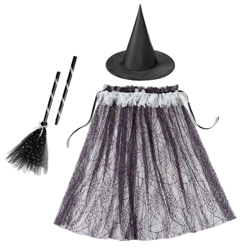 WERNZATT-3PCS Halloween Hexenkostüm Hexe Besenstiel Mantel Umhang Zauberer Hut für Kinder Cosplay Party (Purple, 3PCS) von WERNZATT