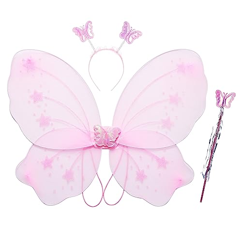 WERNZATT-3PCS Mädchen Schmetterlingsflügel Faltbarer Feenflügel Stirnband Feenstab Set Halloween Kostüme für Party Rollenspiel (Pink A, 3PCS) von WERNZATT