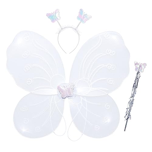 WERNZATT-3PCS Mädchen Schmetterlingsflügel Faltbarer Feenflügel Stirnband Feenstab Set Halloween Kostüme für Party Rollenspiel (White, 3PCS) von WERNZATT