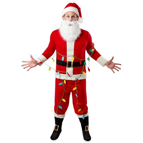 WERNZATT 5-teiliges Weihnachtsmann-Kostüm-Set für Herren, Flanell, langärmelig, Oberteil, Hose, Stiefel, Hut, Bart, Xmas Cosplay Outfit (Rot, L) von WERNZATT