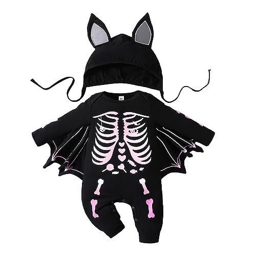 WERNZATT-Baby Halloween Fledermaus Kostüm Kürbis Druck Rundhalsausschnitt Langarm Bodysuit Fledermaus Kleinkind Bodysuit Set (Schwarz 3, 0-3 Months) von WERNZATT