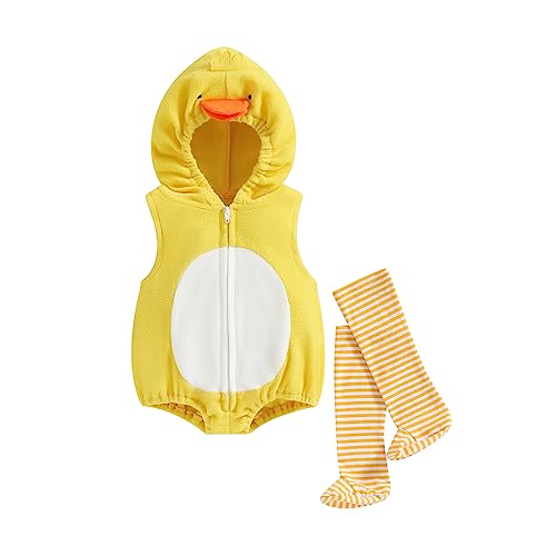 WERNZATT-Baby Halloween Kostüm Casual Hooded Bodysuit Zip Up Layered Bodysuit mit Gestreiften Socken Jumpsuit (Gelb, 0-6 Months) von WERNZATT