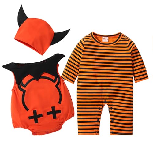 WERNZATT-Baby Halloween Outfits Langarm gestreifte Bodysuits mit Mützen und Westen Mäntel Baby Halloween Zubehör (Orange, 6-9 Months) von WERNZATT