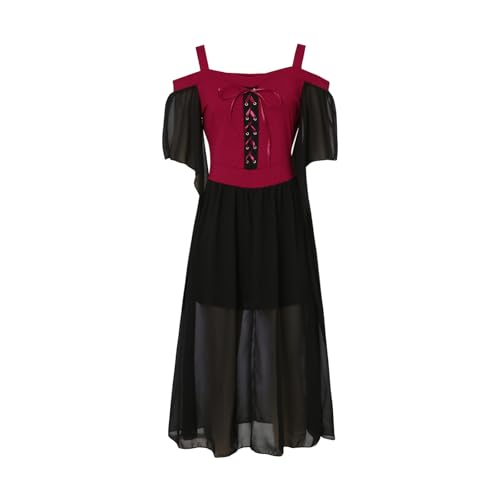 WERNZATT Damen Halloween Cosplay Hexenkostüme Gothic Kleid U-Boot-Ausschnitt Fliegenärmel Skinny Maxikleid Y2K Sommer Streetwear (Rot Schwarz, 3XL) von WERNZATT