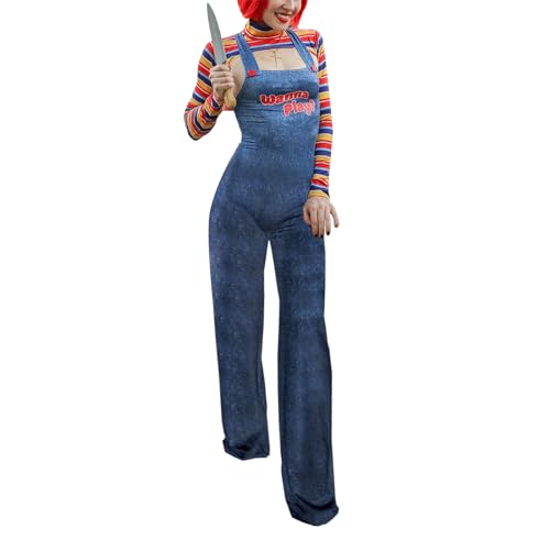 WERNZATT Damen Halloween Gruselige Killerpuppe Kostüm Gruselige Neuheit Cosplay Party Kleidung Halloween Chucky Doll Suit Fancy Dress Up Outfit (G Blue, L) von WERNZATT