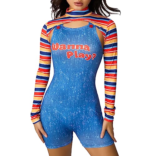 WERNZATT Damen Halloween Gruselige Killerpuppe Kostüm Gruselige Neuheit Cosplay Party Kleidung Halloween Chucky Puppe Anzug Verkleidung Outfit (B Blau, M) von WERNZATT