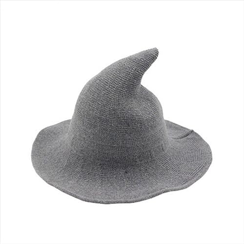 WERNZATT Damen Halloween Hexenhut Schädel Druck Gestrickte Breite Krempe Faltbare Spitze Kappe Cosplay Party Kostüm Zubehör (B-Wolle Hellgrau, One Size) von WERNZATT