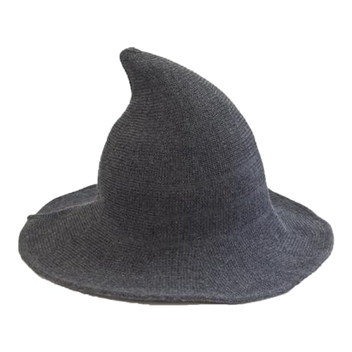 WERNZATT Damen Halloween Hexenhut Schädel Druck Gestrickte Breite Krempe Faltbare Spitze Kappe Cosplay Party Kostüm Zubehör (F-Dunkelgrau, Einheitsgröße) von WERNZATT