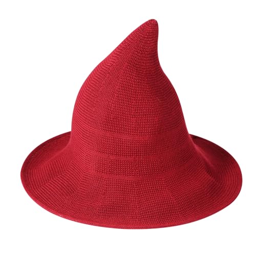 WERNZATT Damen Halloween Hexenhut Schädel Druck Gestrickte Breite Krempe Faltbare Spitze Kappe Cosplay Party Kostüm Zubehör (F-Red, Einheitsgröße) von WERNZATT