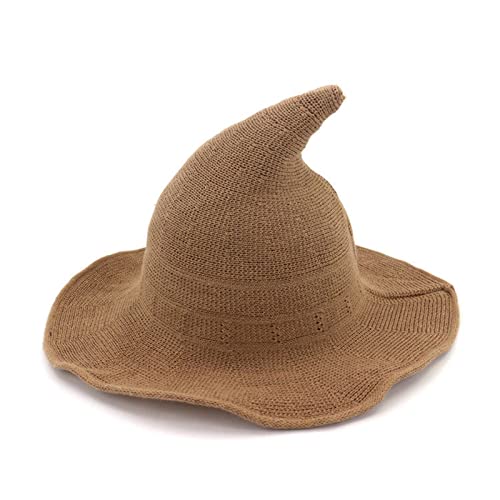 WERNZATT Damen Halloween Hexenhut Totenkopf Druck Gestrickte Breite Krempe Faltbare Spitze Kappe Cosplay Party Kostüm Zubehör (A-Baumwollgarn Khaki, Einheitsgröße) von WERNZATT