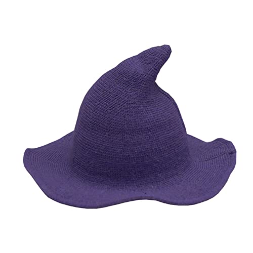 WERNZATT Damen Halloween Hexenhut Totenkopf Druck Gestrickte Breite Krempe Faltbare Spitze Kappe Cosplay Party Kostüm Zubehör (A-Wolle Dunkelviolett, Einheitsgröße) von WERNZATT