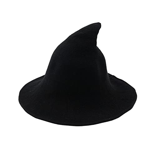 WERNZATT Damen Halloween Hexenhut Totenkopf Druck Gestrickte Breite Krempe Faltbare Spitze Kappe Cosplay Party Kostüm Zubehör (A-Wolle Schwarz, Einheitsgröße) von WERNZATT