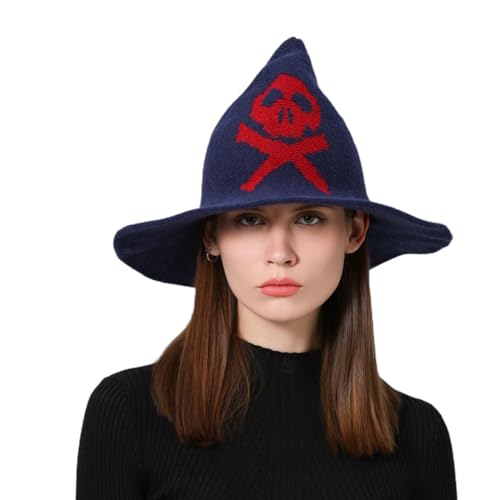 WERNZATT Damen Halloween Hexenhut Totenkopf Druck Gestrickte Breite Krempe Faltbare Spitze Kappe Cosplay Party Kostüm Zubehör (Dunkelblau, M) von WERNZATT