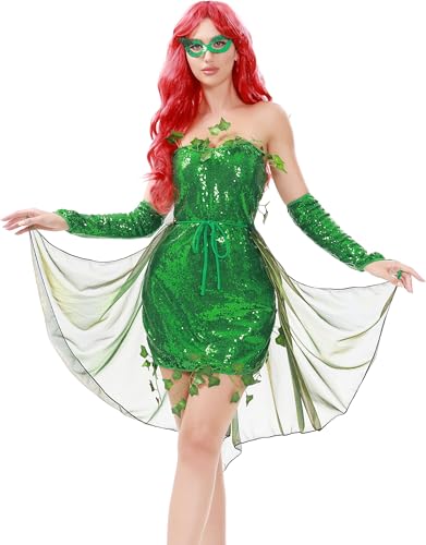 WERNZATT-Halloween Blatt Efeu Kostüm für Frauen Pailletten trägerloses Bodycon Kleid mit Wickelrock Armstulpen Brillen Set (Green, L) von WERNZATT