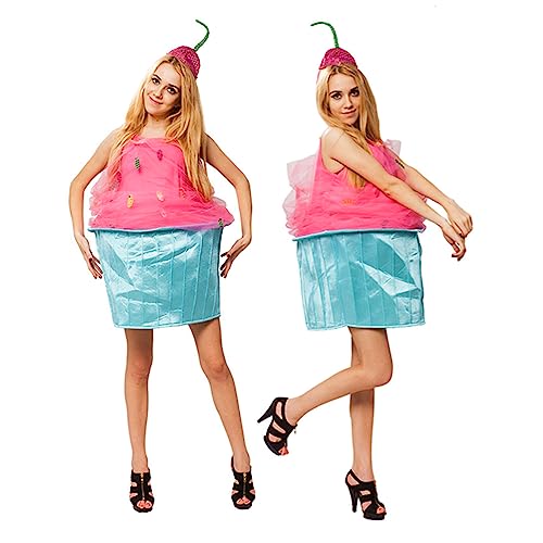 WERNZATT Halloween-Eiscreme-Kostüme für Damen, kontrastfarben, ärmellos, Kleider und Hut, für Cosplay, Party-Outfit (Standard, Einheitsgröße, Rosa-Blau, Erwachsene) von WERNZATT