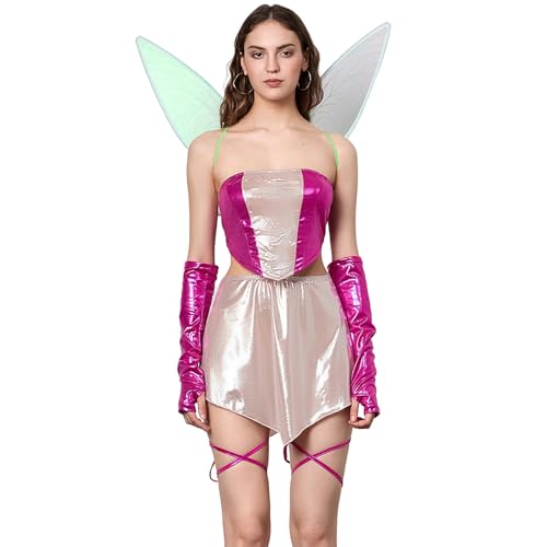 WERNZATT Halloween-Feenkostüm für Damen, Schmetterlingsflügel, Cosplay, Rave-Outfits, Röhren-Tops, Minirock, Armärmel, Beinbänder, Set (Standard, L, Rosa) von WERNZATT