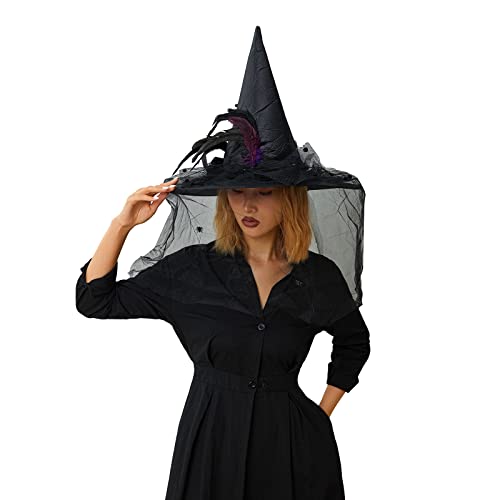 WERNZATT Halloween-Hexenhut für Damen, Vintage, breite Krempe, Spinnennetzkappe mit Schleier, Erwachsene, Halloween, Party, Kostüm, Cosplay-Zubehör (G, Schwarz, Einheitsgröße) von WERNZATT