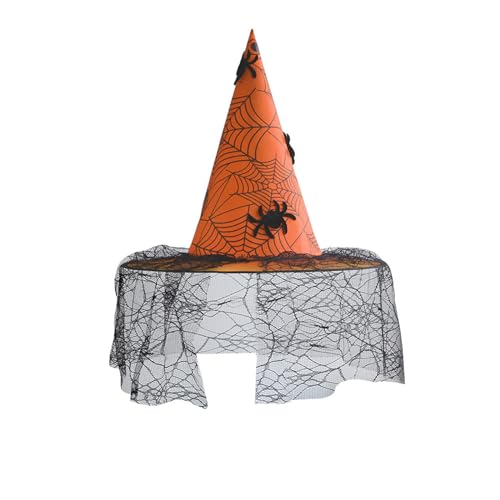 WERNZATT Halloween-Hexenhut für Damen, Vintage-Stil, breite Krempe, Spinnennetz-Kappe mit Schleier, Erwachsene, Halloween, Party, Kostüm, Cosplay-Zubehör (D-Orange, Einheitsgröße) von WERNZATT