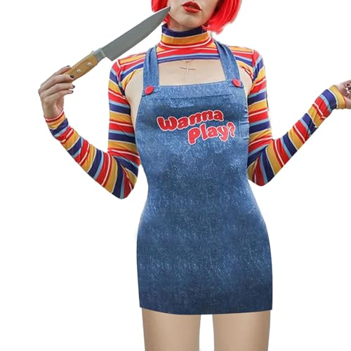 WERNZATT Halloween-Kostüm für Damen, gruselige Killer-Puppe, gruselige Neuheit, Cosplay, Partykleidung, Halloween, Chucky-Puppe, Anzug, Verkleidung (C Blau, L) von WERNZATT