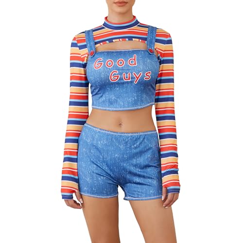 WERNZATT Halloween-Kostüm für Damen, gruselige Killer-Puppe, gruselige Neuheit, Cosplay, Partykleidung, Halloween, Chucky-Puppe, Anzug, Verkleidung (Standard, L, D, Blau) von WERNZATT