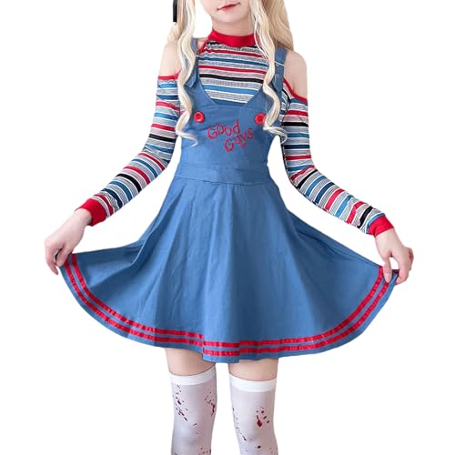 WERNZATT Halloween-Kostüm für Damen, gruselige Killer-Puppe, gruselige Neuheit, Cosplay, Partykleidung, Halloween, Chucky-Puppe, Anzug, Verkleidung (Standard, L, E Blau) von WERNZATT