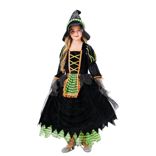 WERNZATT-Kid Girls Witch Costume Set Long Sleeve Tulle Patchwork Dress Wizard Hat Sets Party Cosplay Halloween Costume (Green, 6-7 Years) von WERNZATT