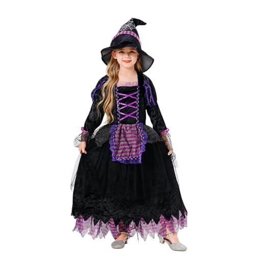 WERNZATT-Kid Girls Witch Costume Set Long Sleeve Tulle Patchwork Dress Wizard Hat Sets Party Cosplay Halloween Costume (Purple, 10-12 Years) von WERNZATT